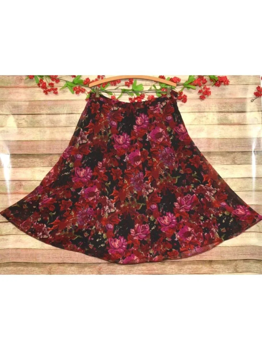 Coldwater Creek Skirt PM 10-12 Red Floral Midi A Line Lined Fall Boho Romantic